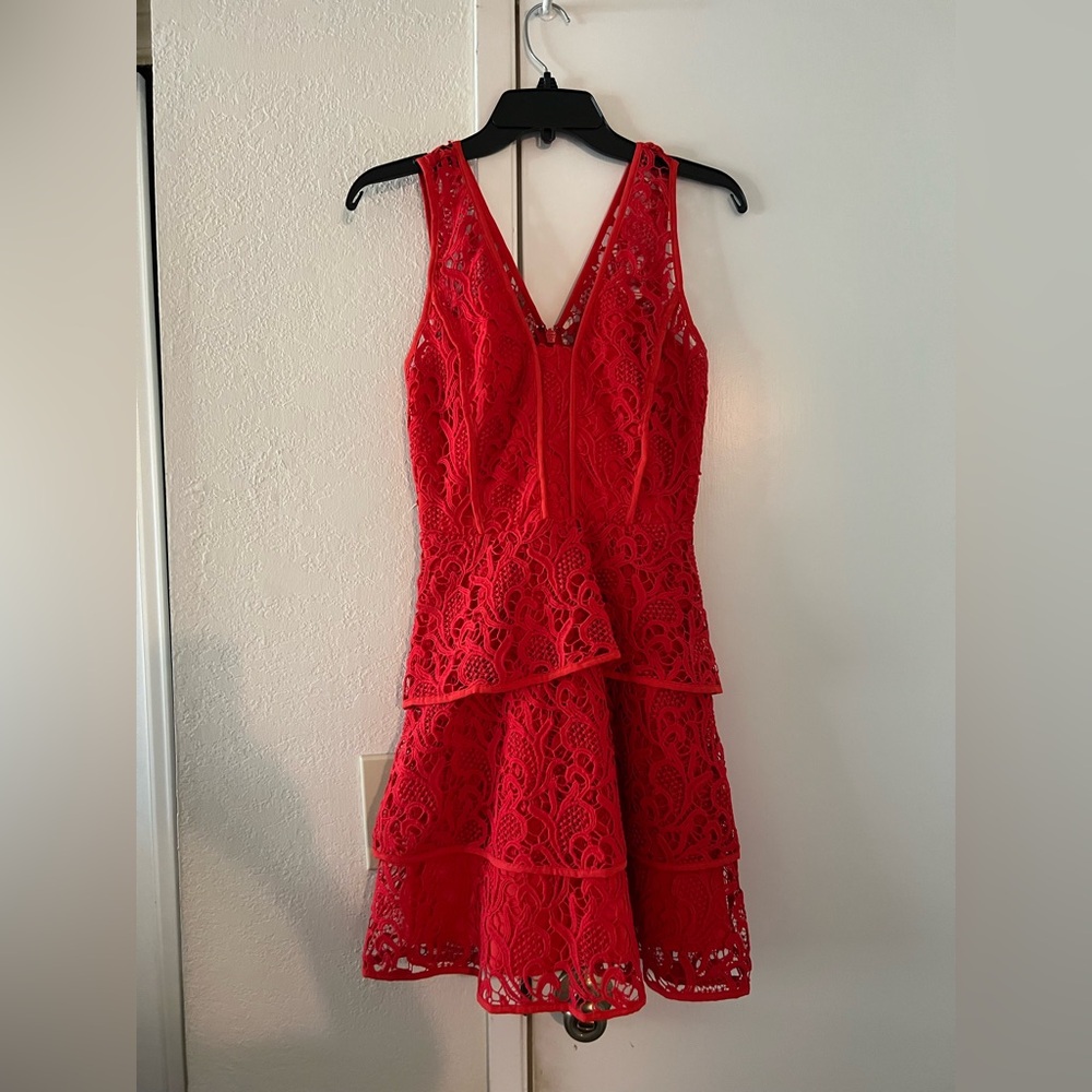 Adelyn Rae Red Lace Tiered V-Neck Mini Dress